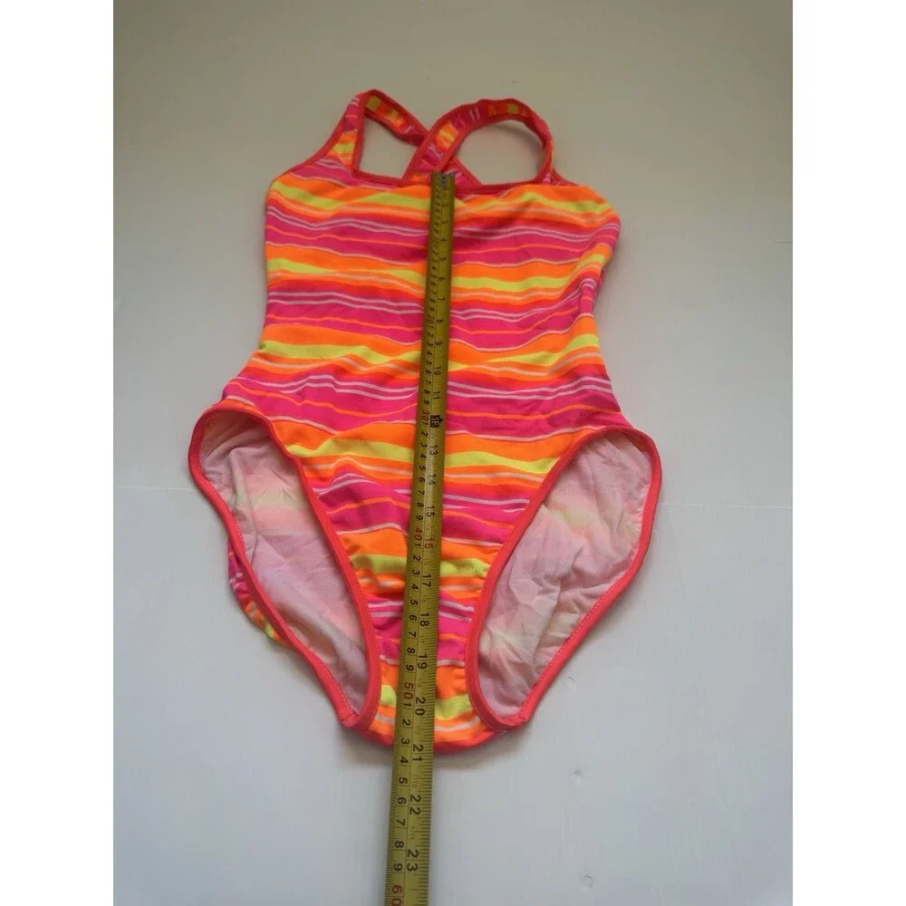 Willow Sport Girls One Piece Swimsuit Neon Pink Orange Stripe Size 10